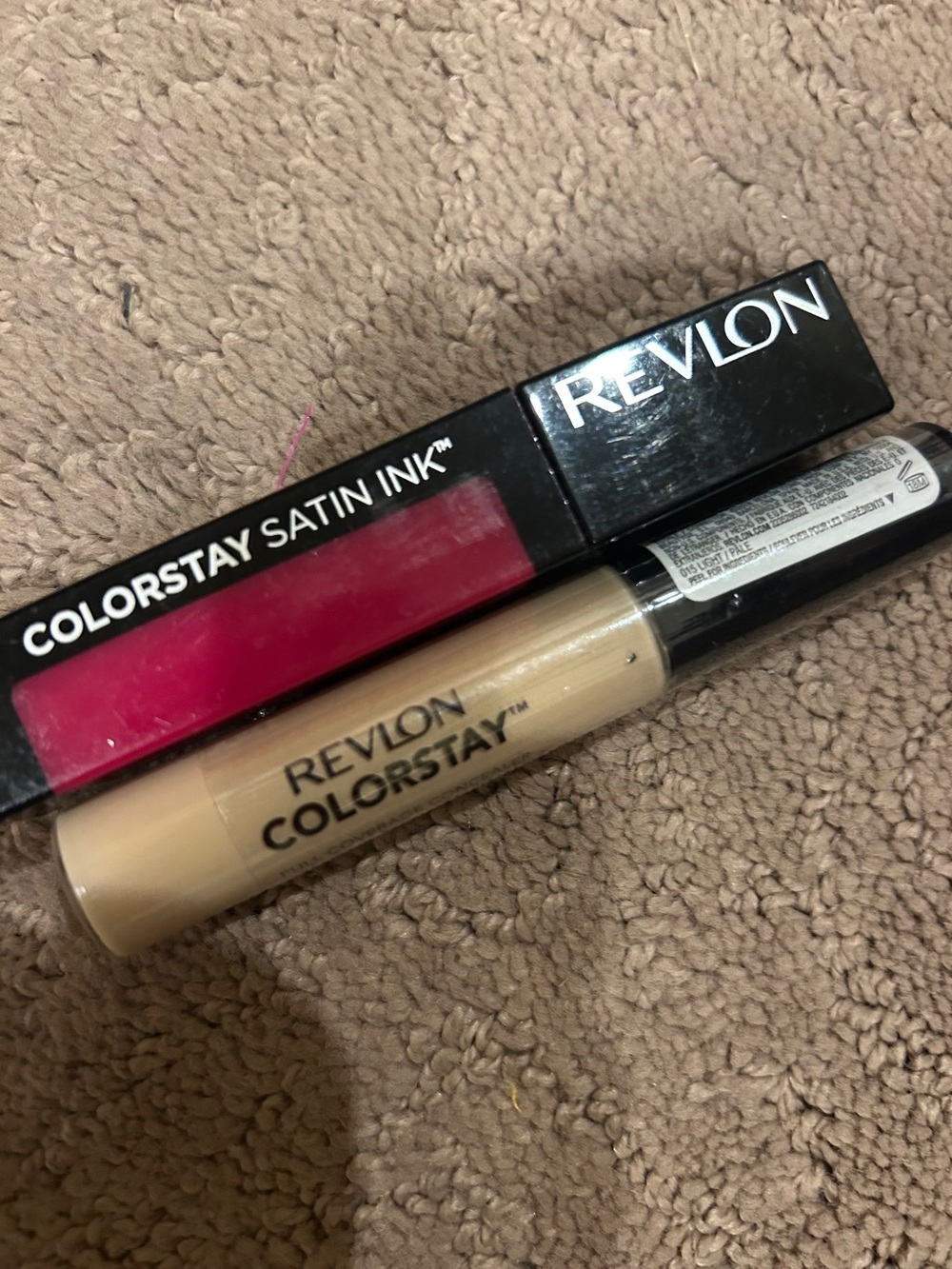 Revlon ColorStay Satin Ink Liquid Lipstick in Bright Pink and Revlon concealer.